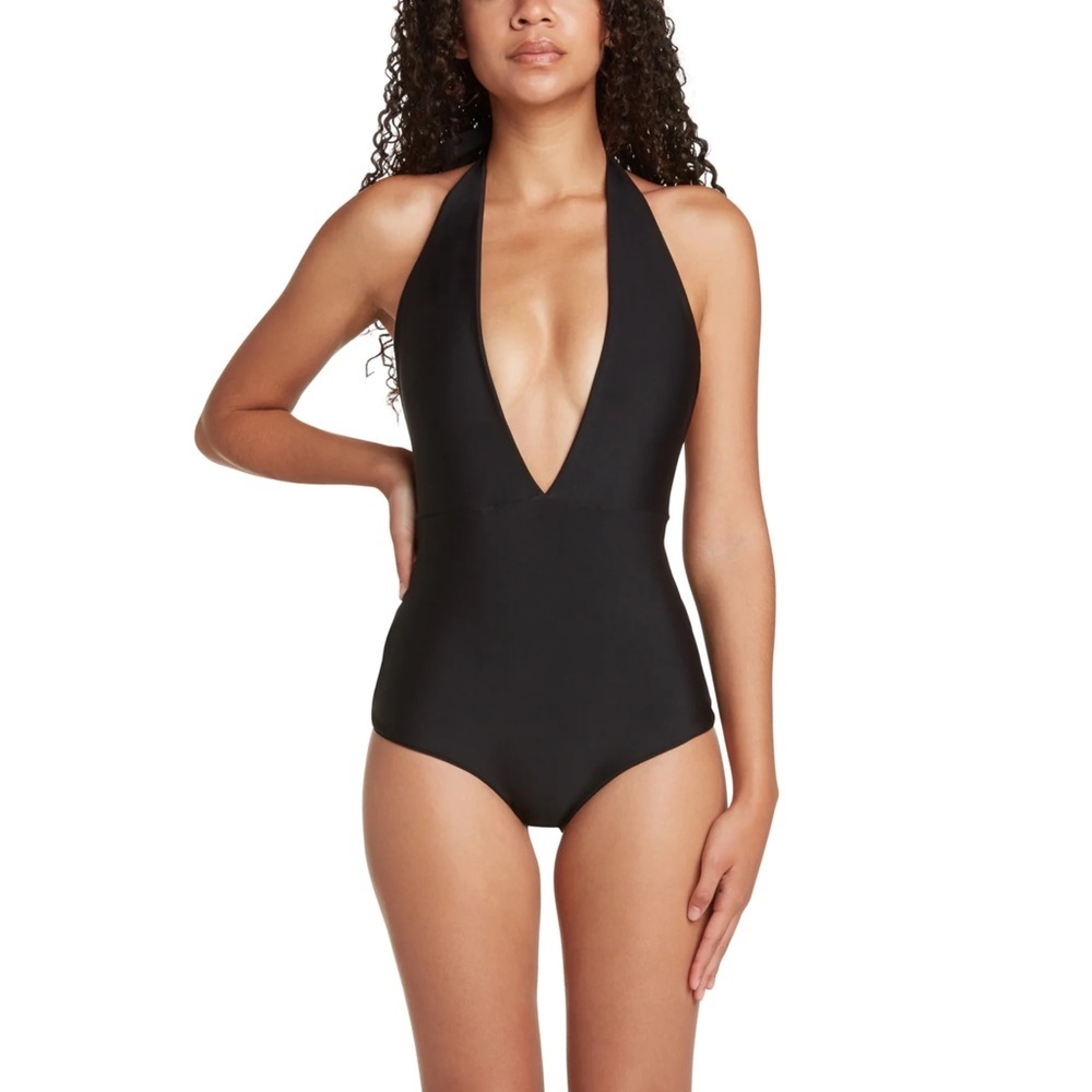 Sleek Black One-Piece with Plunging V-Neck